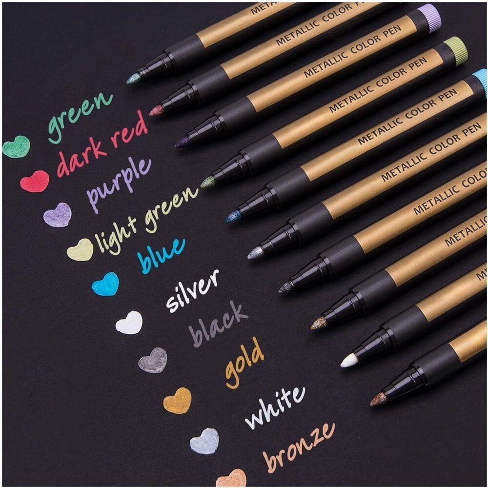 Metallic Marker Pens - Set of 10 Medium Point Metallic Markers for Rock Painting
